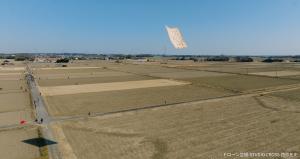 高須の農地の空に十二畳の凧が揚がっている様子