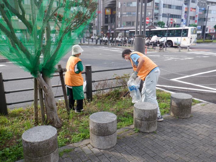 たばこ組合の人がごみを拾っている