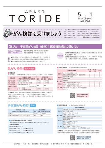 広報とりで5月1日号の表紙。がん検診について説明。