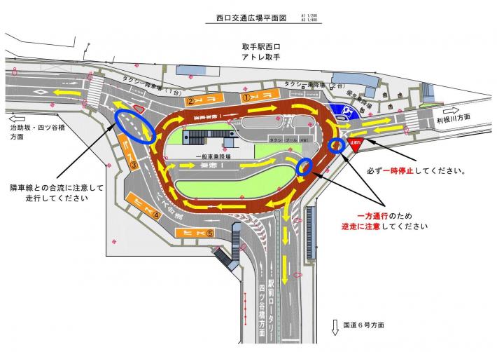 利根川方面から進入する場合の駅前ロータリー動線図