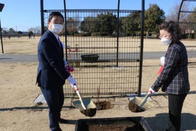 アーチの前のつる状の植物に左右から男性と女性が金色の花付きスコップで土をかけようとしている