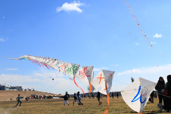 青空に連凧がのびている写真