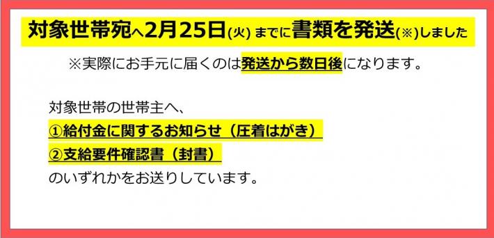 対象世帯宛へ2月25日火曜日までに書類を発送しました。対象世帯に給付金に関するお知らせ、支給要件確認書のいずれかを送付しています