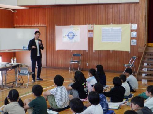 体育館らしき建物内で講演している男性とその前に座って話を聞く子どもたちの写真